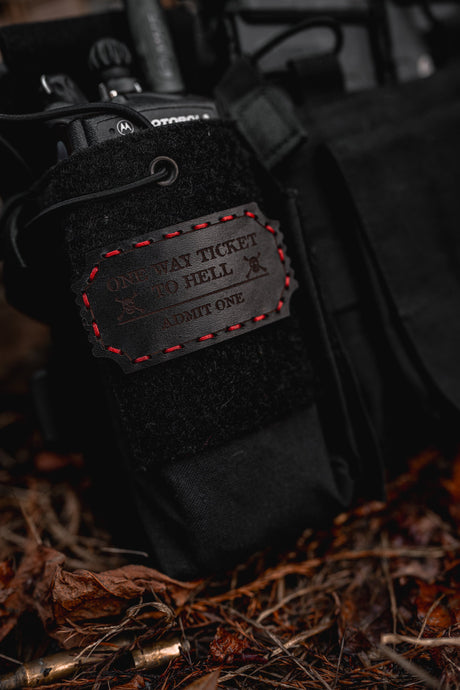 One Way Ticket to Hell Leather Patch – Black dye / Red Thread — alternate view 2