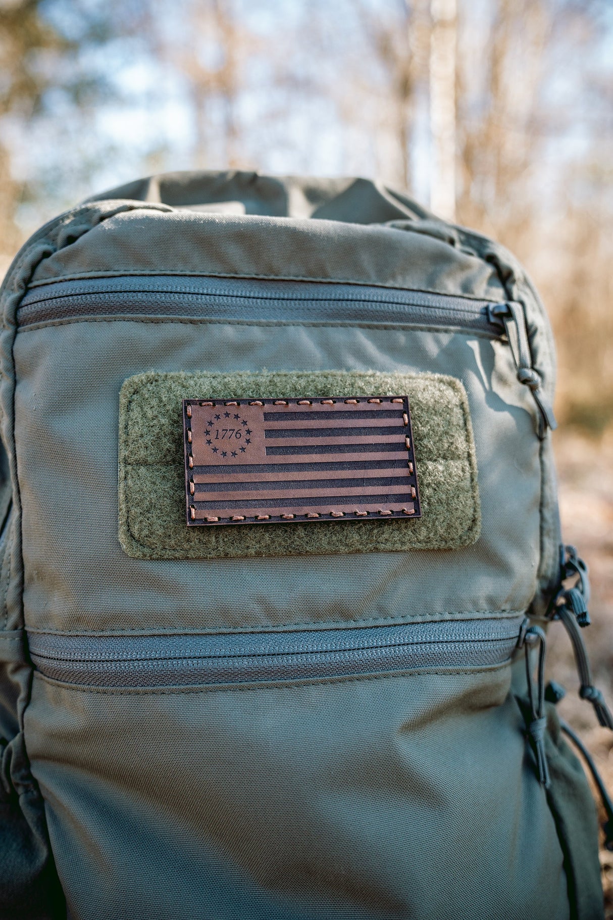 Betsy Ross Flag Leather Patch – Light Brown Dye / Black Thread — alternate view 2