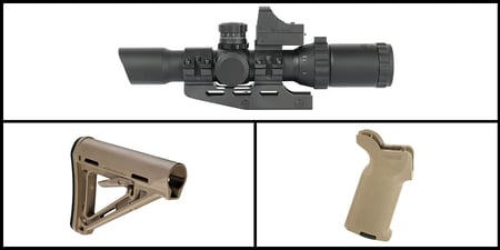 Marksman Combos: Northtac 'Assault' 1-4x28 RGB Illuminated Optic w/Micro Red Dot + Magpul Industries, MOE K-2 Grip, Fits AR Rifles, Flat Dark Earth + Magpul AR-15 MOE FDE Carbine Stock - FDE