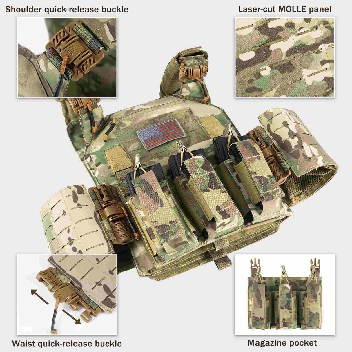 Votagoo Tactical Vest 601 - Laser Cut MOLLE Adjustable Vest in Brown, alternate view 3