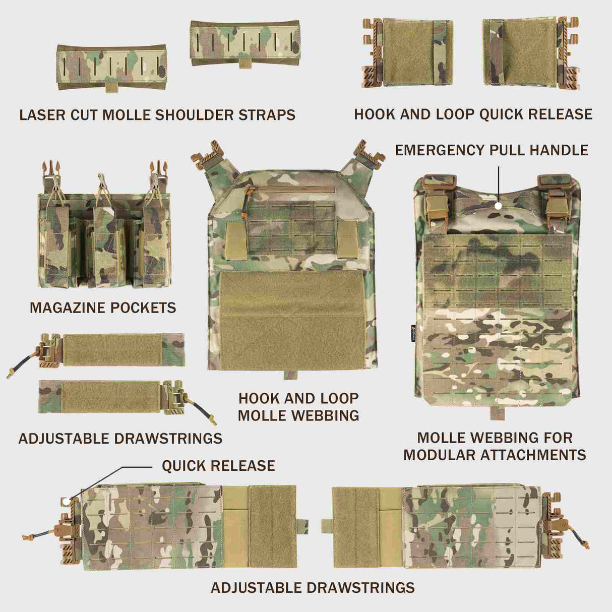 Votagoo Tactical Vest 601 - Laser Cut MOLLE Adjustable Vest in Range Green, alternate view 4