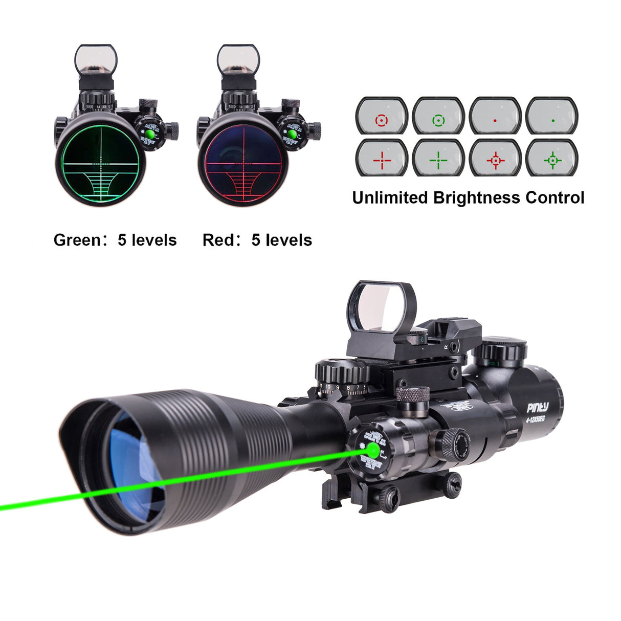 Pinty Nova 3-in-1 4-12x50 SFP Rifle Scope Combo, Green Laser, alternate view 3
