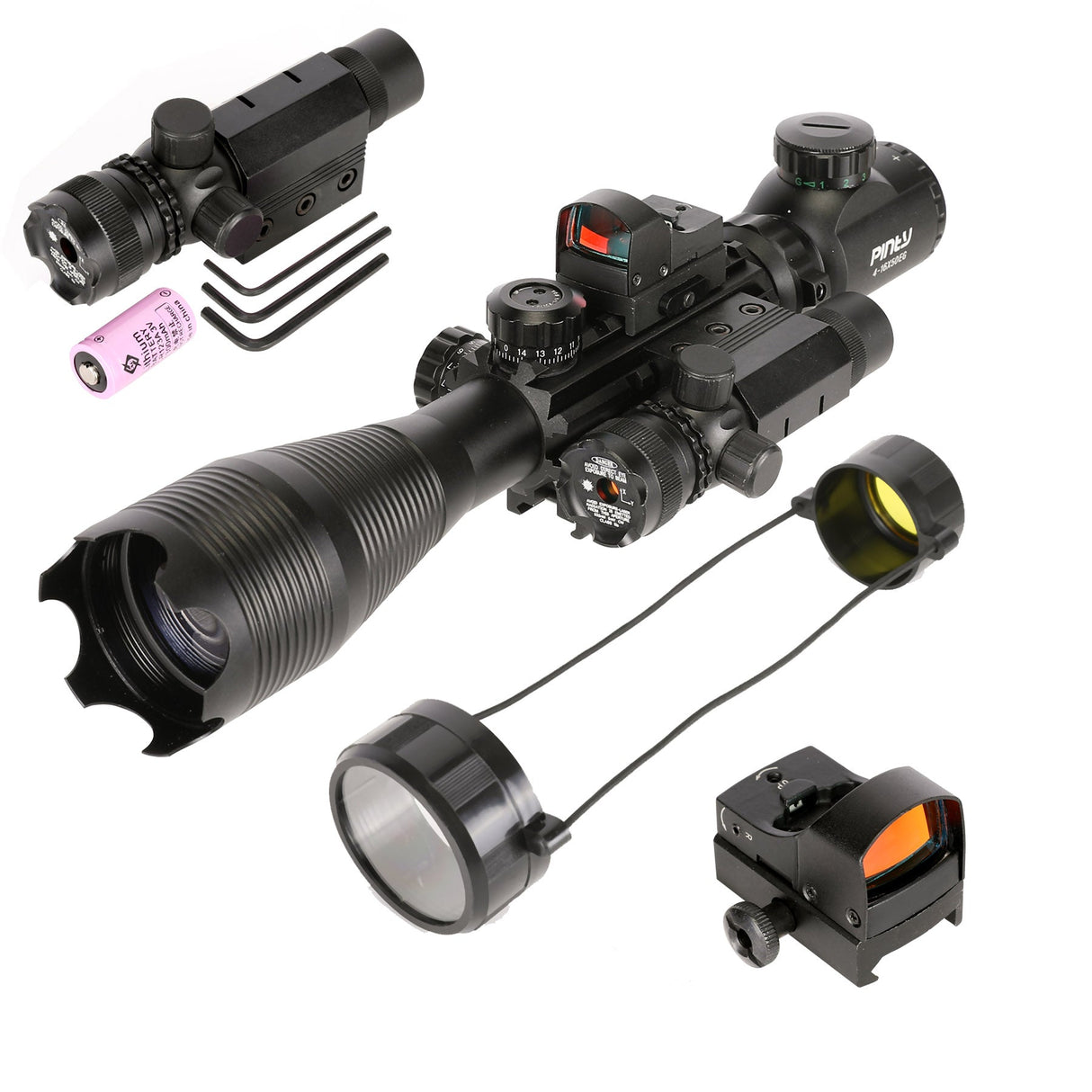 Pinty 4-in-1 4-16x50 Rifle Scope Combo with Laser and Red Dot, alternate view 2