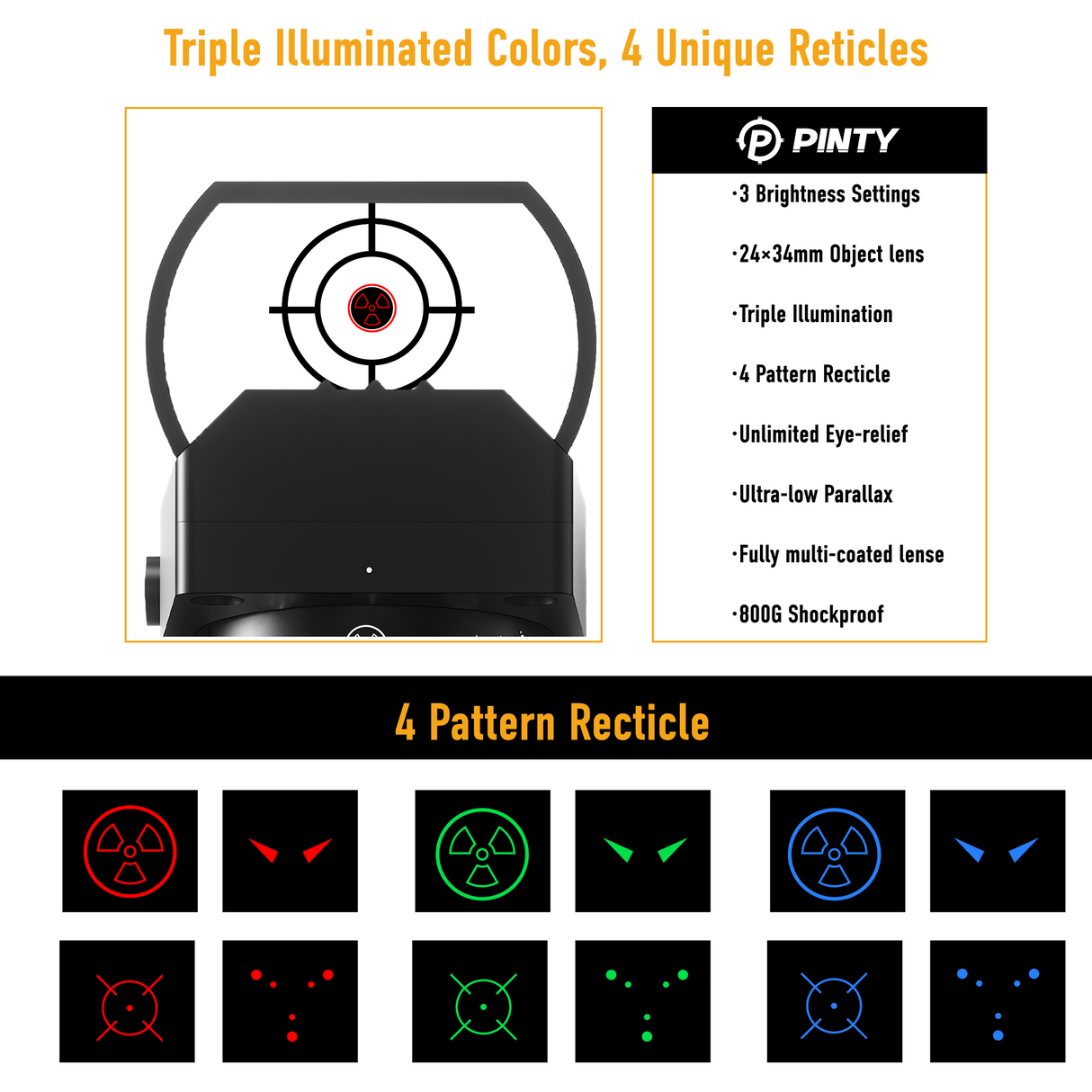 Pinty Nova 4-in-1 Tactical Reticle Dot Sight, alternate view 8