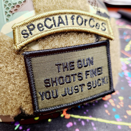 As Seen on Socials - The Gun Shoots Fine You Just Suck! - 2x3 Patch - Multiple Variants in Olive Drab, alternate view 2