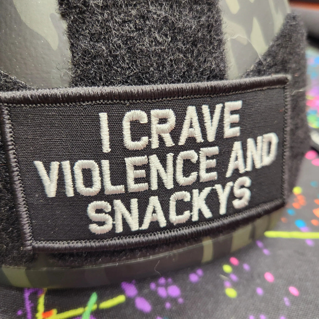 As Seen on Socials - I Crave Violence and Snackys - 2x4 Patch - Multiple Variants in Olive Drab, alternate view 2