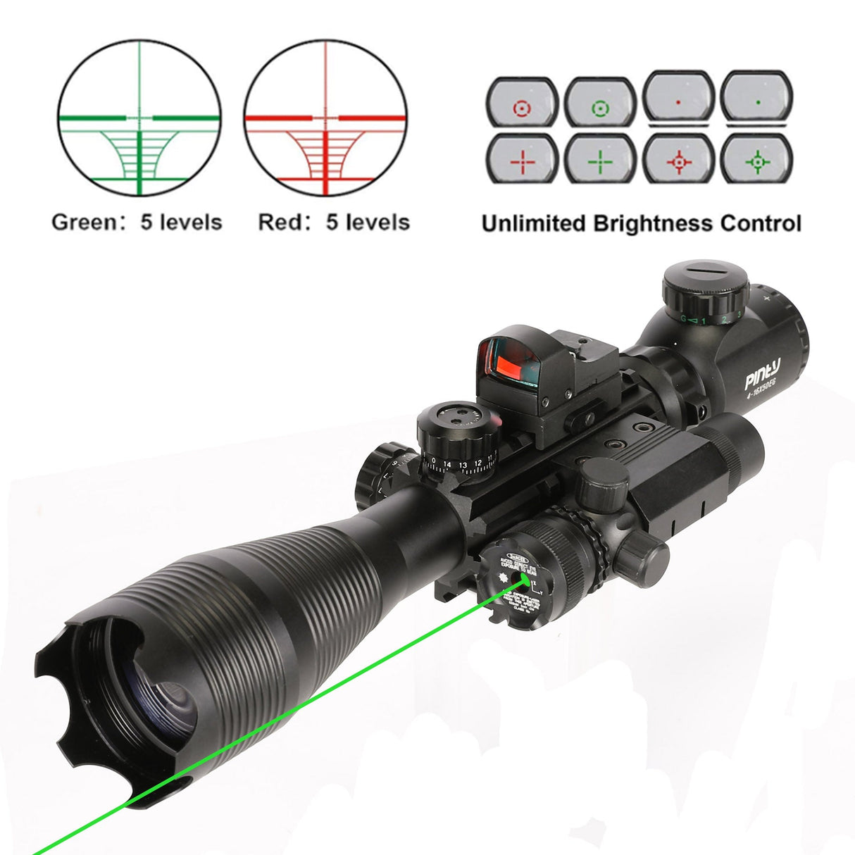Pinty 4-in-1 4-16x50 Rifle Scope Combo with Laser and Red Dot, alternate view 3