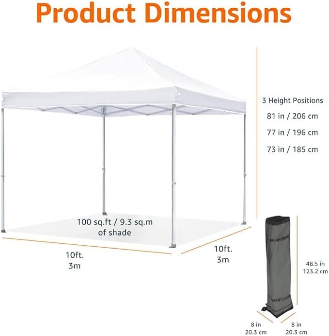 Amazon Basics Outdoor Pop Up 10 x 10 Canopy Tent for Events, Portable with Easy Setup, One-Push, Includes Wheeled Carry Bag,