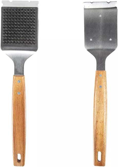 Barbecue Grill Brush and Stainless Steel Scraper Scraper Extended Large,Large Wooden Handle, Wire BBQ Grill Brush for