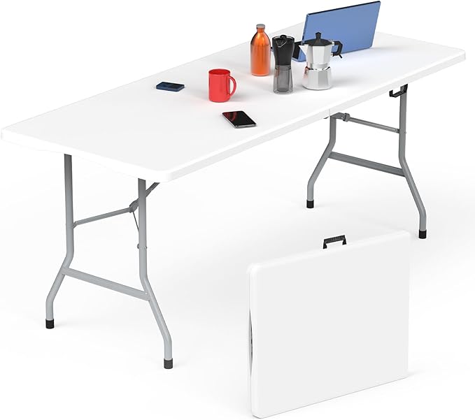 Folding Table 6ft, Foldable Portable Heavy Duty Plastic Fold-in-Half Utility Table with Handle & Safety Locks, Picnic Table