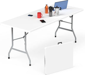 Folding Table 6ft, Foldable Portable Heavy Duty Plastic Fold-in-Half Utility Table with Handle & Safety Locks, Picnic Table