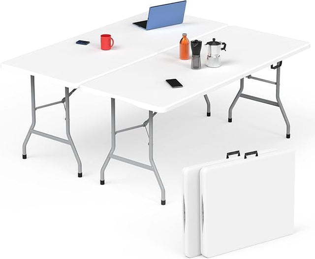 HLPB Folding Table Picnic Table 2 Pcs, 6 ft Portable Camping Table with Handle and Safety Locks, Foldable Table Plastic