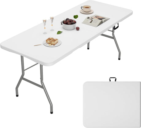 6ft Folding Table, Outdoor Foldable Table with HDPE Tabletop, Safety Locks, Easy to Carry and Store, No-Assembly Camping