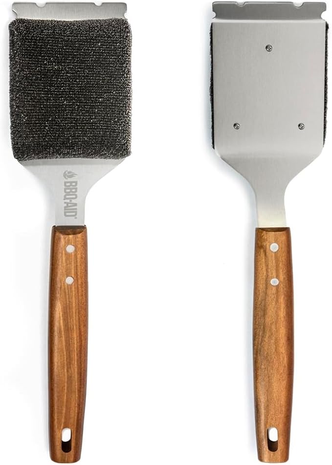 BBQ-AID Bristle Free Grill Brush and Scraper for Barbecue - Extended Large Wooden Handle With Replaceable Head - No Scratch