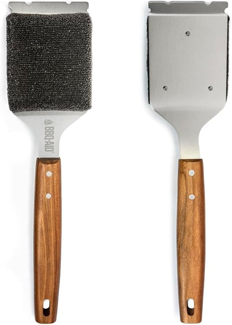 BBQ-AID Bristle Free Grill Brush and Scraper for Barbecue - Extended Large Wooden Handle With Replaceable Head - No Scratch