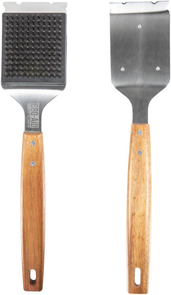 BBQ-Aid Grill Brush and Scraper for Barbecue - Grill Brush for Outdoor Grill with Extended, Large Wooden Handle and