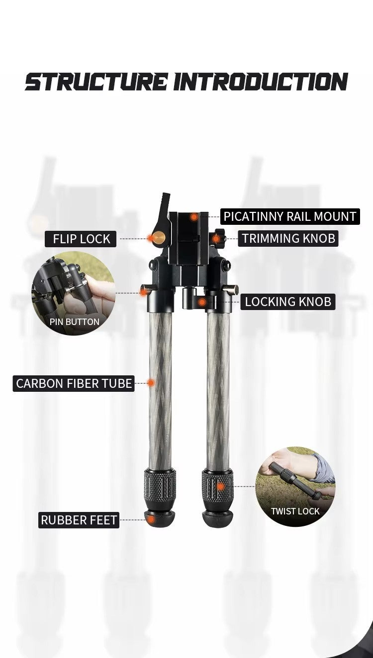 Linkogear HB-C01L Carbon Fiber Tac Bipod - QD Picatinny - Rubber & Spike Feet, alternate view 3