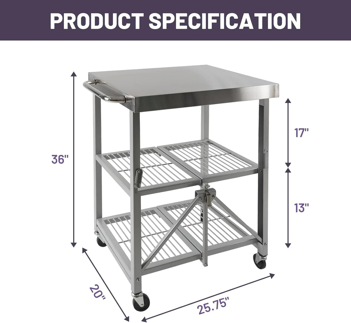 3-Tier Folding Outdoor Grill Cart, 300lbs Load Capaciy Foldable Utility Storage Rolling Kitchen Table with Lockable Wheels,