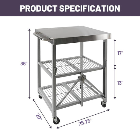 3-Tier Folding Outdoor Grill Cart, 300lbs Load Capaciy Foldable Utility Storage Rolling Kitchen Table with Lockable Wheels,