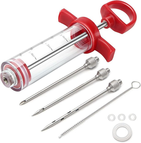 TGE-V 1-oz Plastic BBQ Marinade Injector Kit, Turkey Injector Syringe (3 Stainless Steel Meat Needles + 3 Replacement O