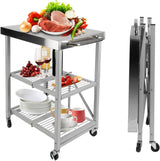 3-Tier Folding Outdoor Grill Cart, 300lbs Load Capaciy Foldable Utility Storage Rolling Kitchen Table with Lockable Wheels,
