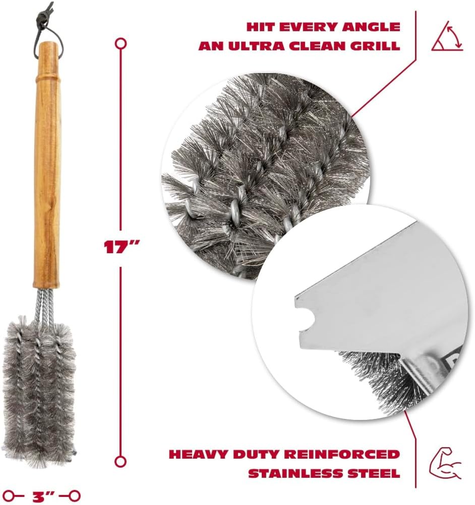 BBQ-AID All Angles BBQ Grill Brush for Outdoor Grill - Cleans All Angles, Large Wooden Handle, and Stainless Steel Bristles