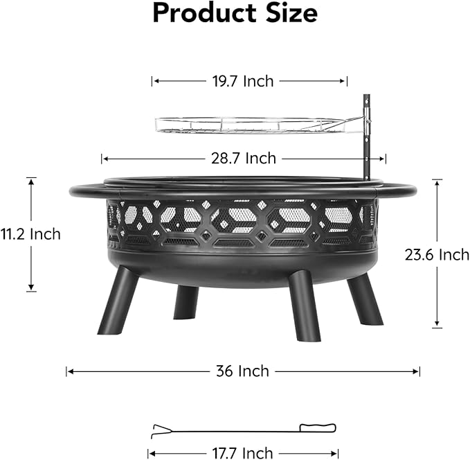 36 Inch Fire Pit, Outdoor Wood Burning Firepit with Removable Grill & Poker, Heavy Duty Metal Round Fireplace,2 in 1 Large