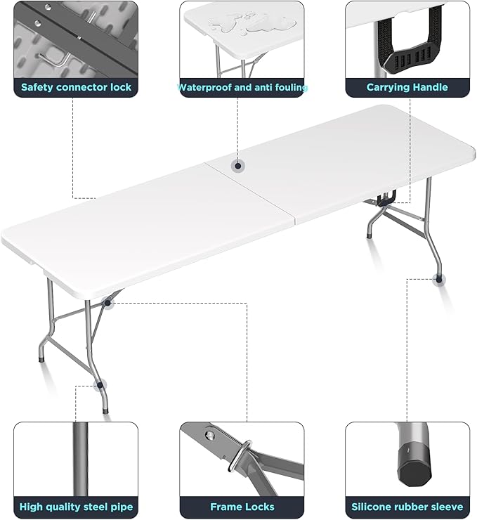 HLPB Folding Table Picnic Table, 8 ft Portable Camping Table with Handle and Safety Locks, Foldable Table Plastic Dining