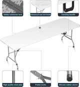 HLPB Folding Table Picnic Table, 8 ft Portable Camping Table with Handle and Safety Locks, Foldable Table Plastic Dining