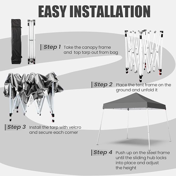 10x10 Pop Up Canopy, 300D Silver Coated Grey Fabric Outdoor Gazebo, Beach Tent Slant Legs with Storage Bag,Easy Up Sun Shade