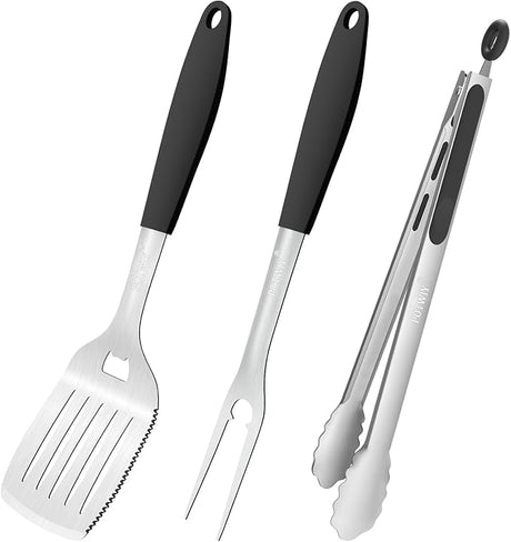BBQ Grilling Accessories, 3Pcs Stainless Steel Grill Tools Accessories Set with Spatula, Fork and Tongs, Barbecue Utensils