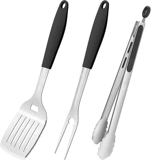 BBQ Grilling Accessories, 3Pcs Stainless Steel Grill Tools Accessories Set with Spatula, Fork and Tongs, Barbecue Utensils