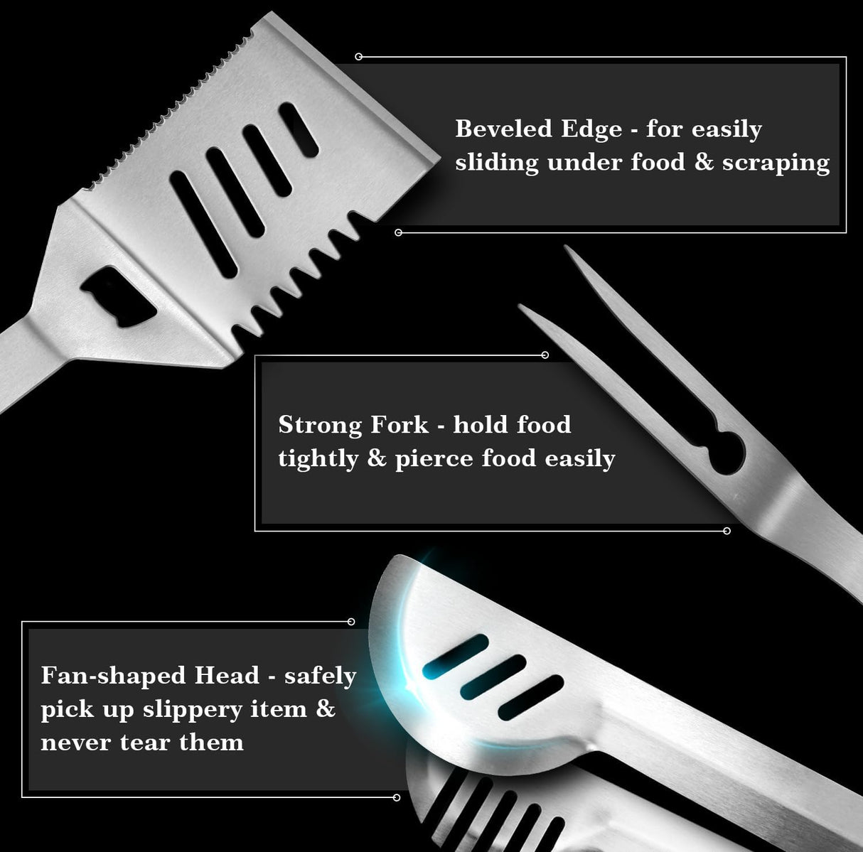 GRILLART Grill Tools Grill Utensils Set - 3PCS BBQ Tools, Stainless Barbeque Grill Accessories -Spatula/Tongs/Fork