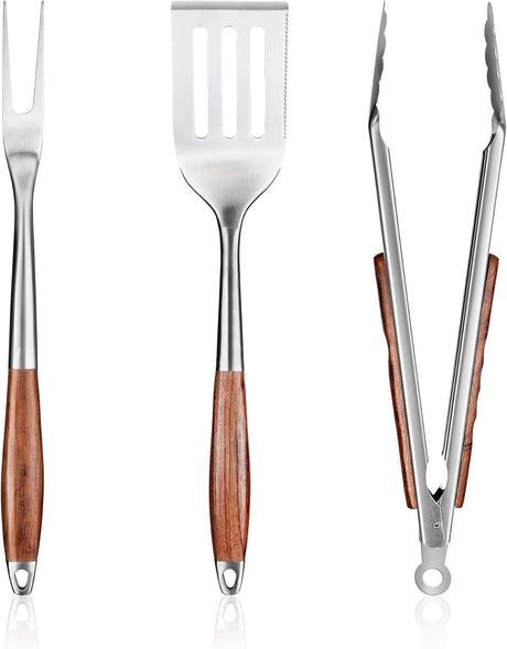FJNATINH Heavy-Duty Grilling Accessories Rose Wooden BBQ Grilling Tools Set,Outdoor Grill Set with Spatula, Fork &