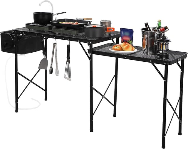 REDCAMP Portable Grill Table with Sink for Outside, Lightweight Aluminum Frame Folding Grill Stand Table with Adjustable