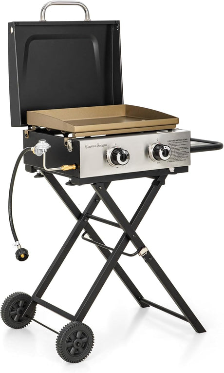 Captiva Designs 17 Inch 2 Burner Portable Propane Gas Griddle Grill with Lid, Outdoor Foldable Flat Top Grill with Stand for