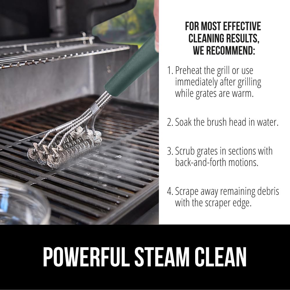 GORILLA GRIP Heavy Duty No Bristle Triple Helix Grill Brush with Scraper for Outdoor Grills, Safe Steam Cleaning, Oversized