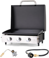 Sophia & William 22" Flat Top Grill with Lid & Ceramic Coated Cast Iron Pan, 3-Burner Portable Tabletop Gas Propane Griddle