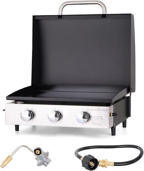 Sophia & William 22" Flat Top Grill with Lid & Ceramic Coated Cast Iron Pan, 3-Burner Portable Tabletop Gas Propane Griddle