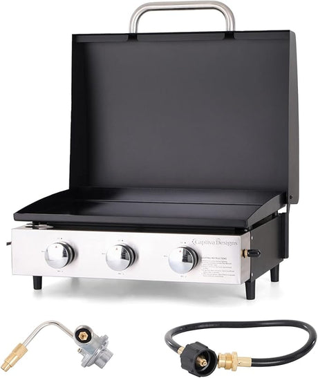 Sophia & William 22" Flat Top Grill with Lid & Ceramic Coated Cast Iron Pan, 3-Burner Portable Tabletop Gas Propane Griddle