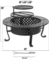 42 Inch Fire Pit with 2 BBQ Grills, Wood Burning Fire Pits for Outside with Lid & Fire Poker, BBQ& Outdoor Firepit & Round