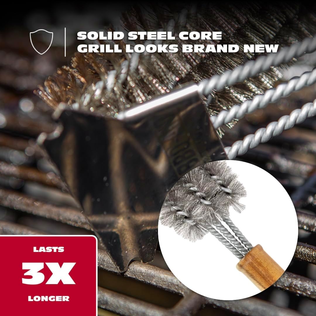BBQ-AID All Angles BBQ Grill Brush for Outdoor Grill - Cleans All Angles, Large Wooden Handle, and Stainless Steel Bristles