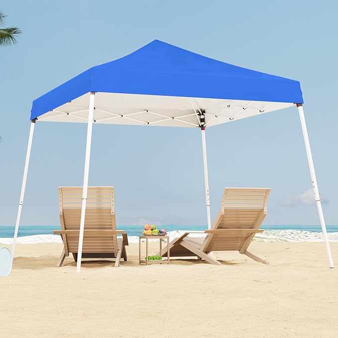 10x10 Pop Up Canopy, 300D Silver Coated Blue Fabric Outdoor Gazebo, Beach Tent Slant Legs with Storage Bag,Easy Up Sun Shade