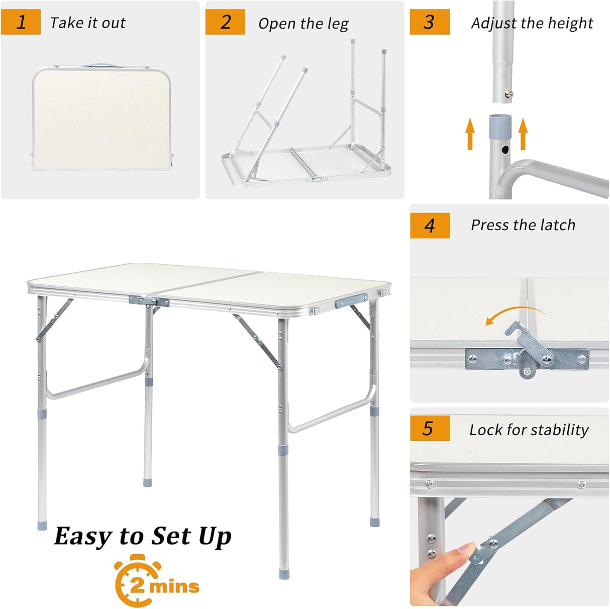 VINGLI 3FT Small Camping Folding Table Adjustable Height Aluminum Folding Table for Picnic Party BBQ, Plastic RV Suitcase