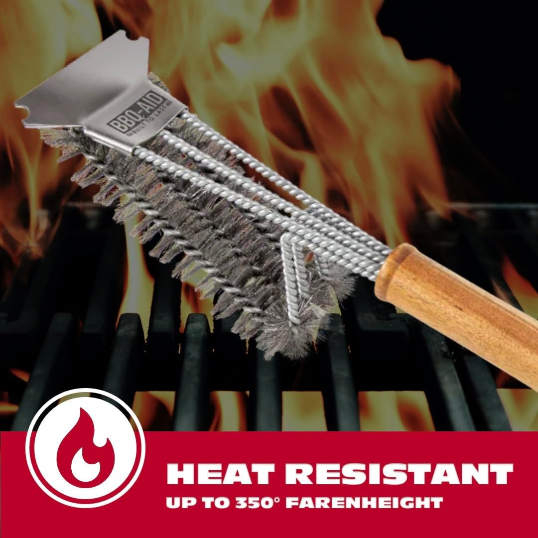 BBQ-AID All Angles BBQ Grill Brush for Outdoor Grill - Cleans All Angles, Large Wooden Handle, and Stainless Steel Bristles