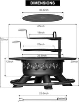 47 Inch Outdoor Fire Pit with 2 Grills, Extra Large BBQ Firepits for Outside, Metal Round Fire pits with Lid&Fire Poker,3 in