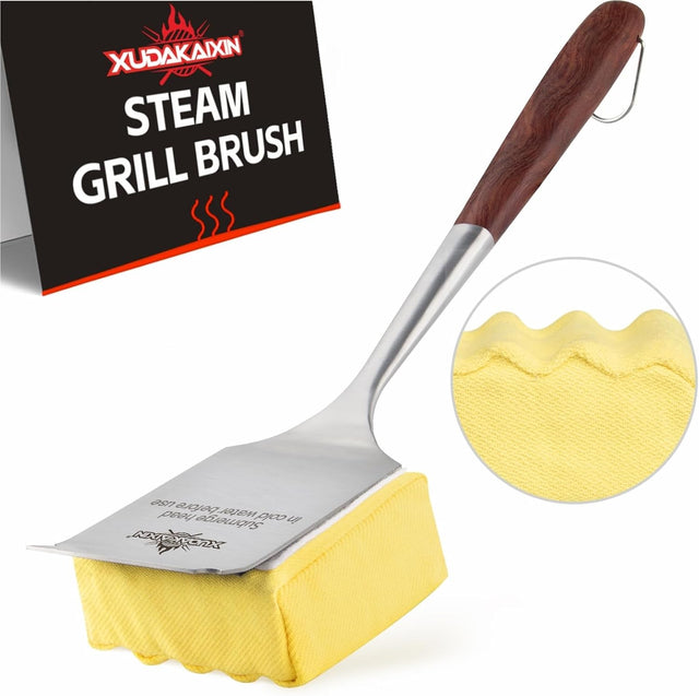 Bristle-Free Steam Grill Brush,with Extended Luxurious Rosewood Handle,Unique Seamless-Fit Scraper Tool,BBQ Replaceable