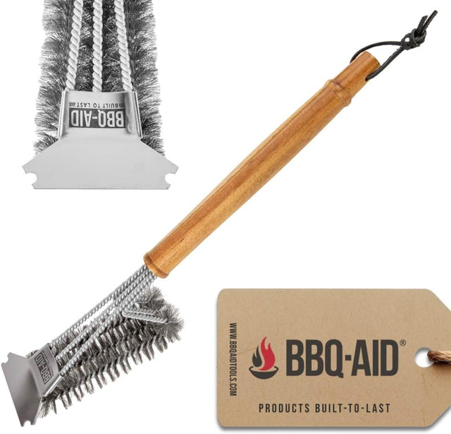 BBQ-AID All Angles BBQ Grill Brush for Outdoor Grill - Cleans All Angles, Large Wooden Handle, and Stainless Steel Bristles