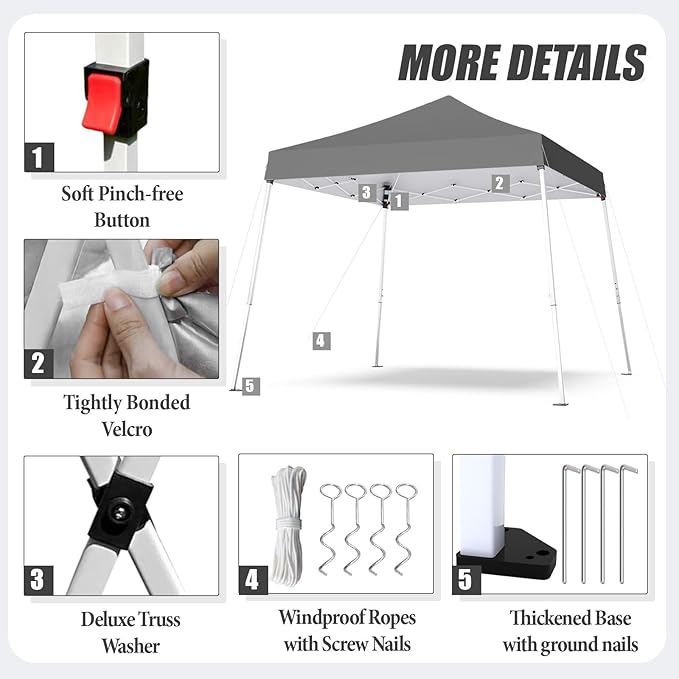 10x10 Pop Up Canopy, 300D Silver Coated Grey Fabric Outdoor Gazebo, Beach Tent Slant Legs with Storage Bag,Easy Up Sun Shade