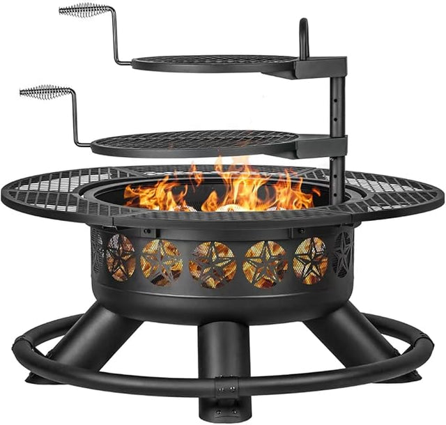 47 Inch Outdoor Fire Pit with 2 Grills, Extra Large BBQ Firepits for Outside, Metal Round Fire pits with Lid&Fire Poker,3 in